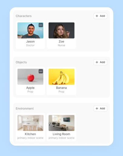 Visla Scenario-Based Video setup showing AI characters, voices, and environment settings for manager training